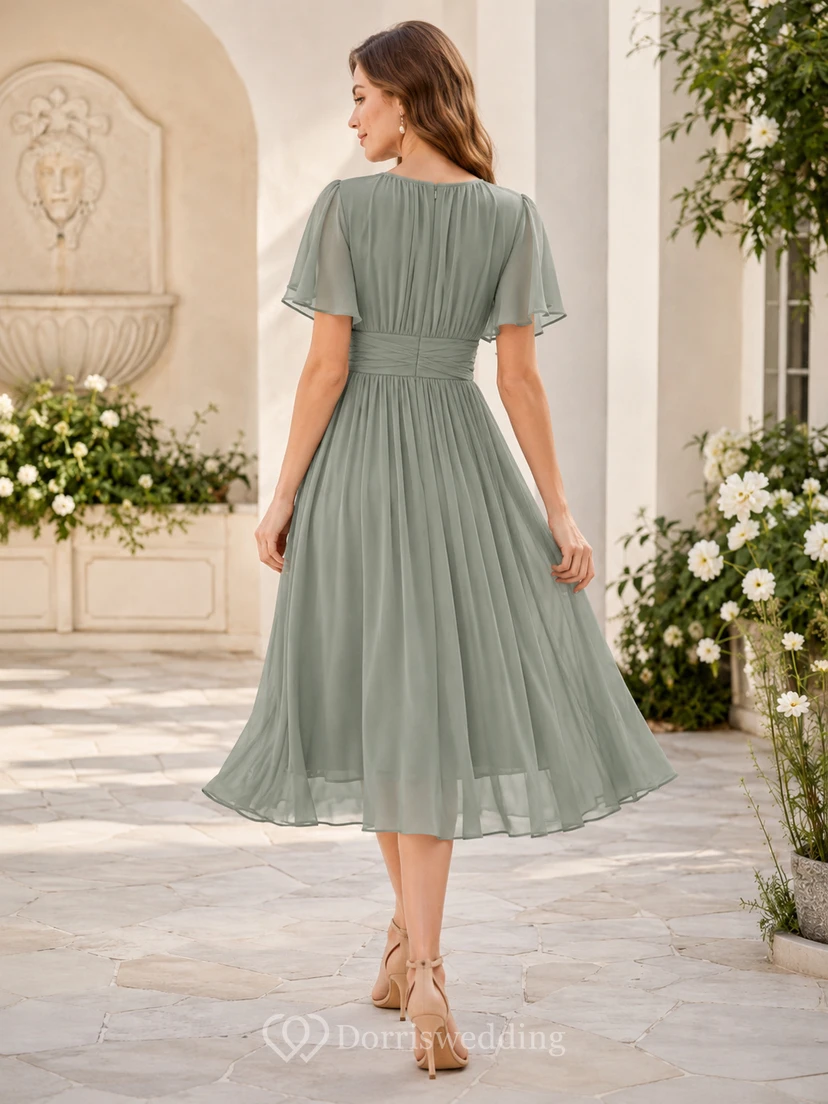 Meadow Breeze Celadon A-Line Tea-Length Jewel Short-Sleeve Chiffon Elegant Guest Dress view 2