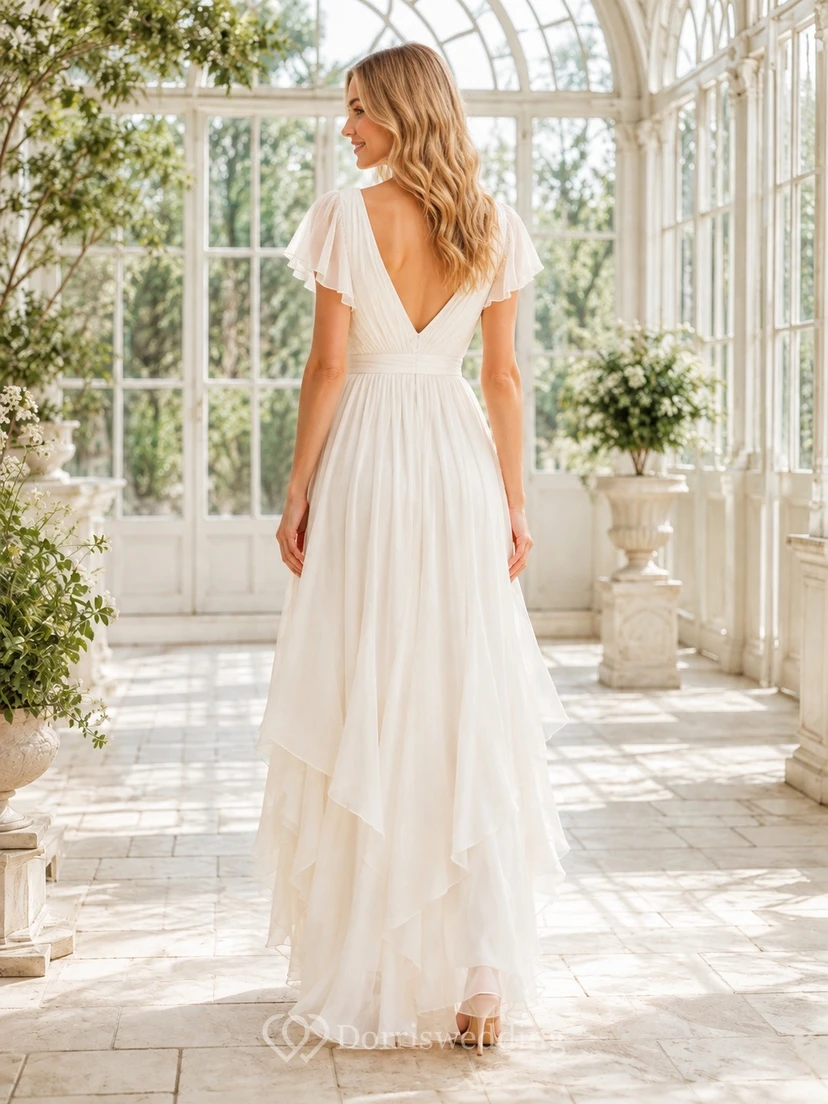 Boho White V-Neck Flutter Sleeve Chiffon Floor-Length Beach Dress view 2