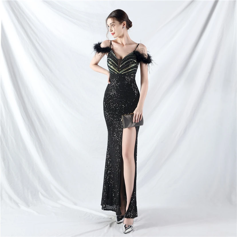 Elegantes Abendkleid mit Straußenfedern und Perlen, sexy, lang, mit Trägern und Schlitz view 34