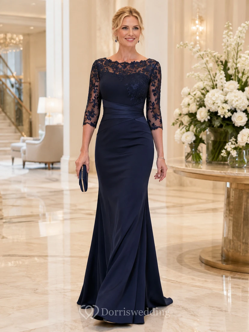 Modest Navy Bateau Three Quarter Lace Sleeve Mermaid Mother Wedding Dress