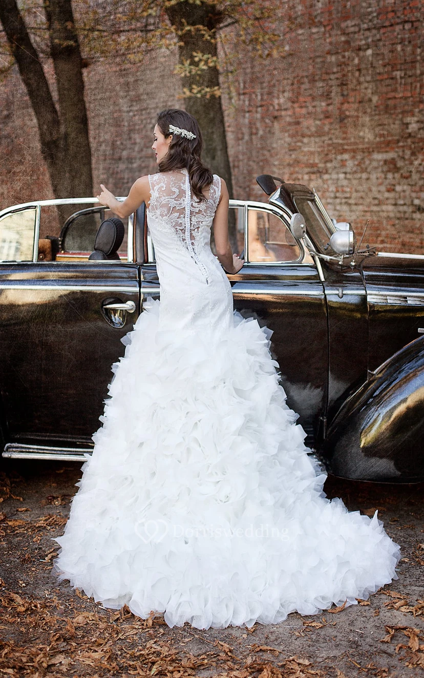 Trumpet Floor-Length Scoop Sleeveless Illusion Tulle Dress With Ruffles And Appliques view 2