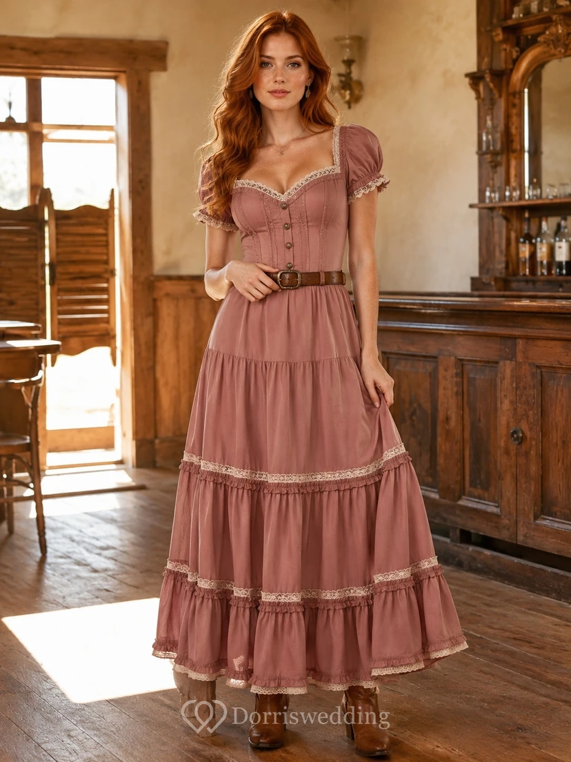 Vestido de invitada vintage de estilo western, color rosa empolvado, con escote corazón, mangas abullonadas y falda escalonada hasta los tobillos.