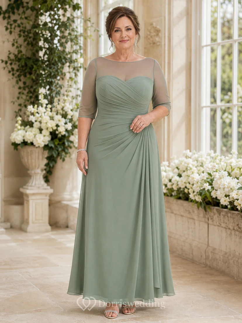 Elegantes Abendkleid in Übergröße, salbeigrün, mit Illusion-Ausschnitt, U-Boot-Ausschnitt, halben Ärmeln, Raffungen in A-Linie und bodenlang