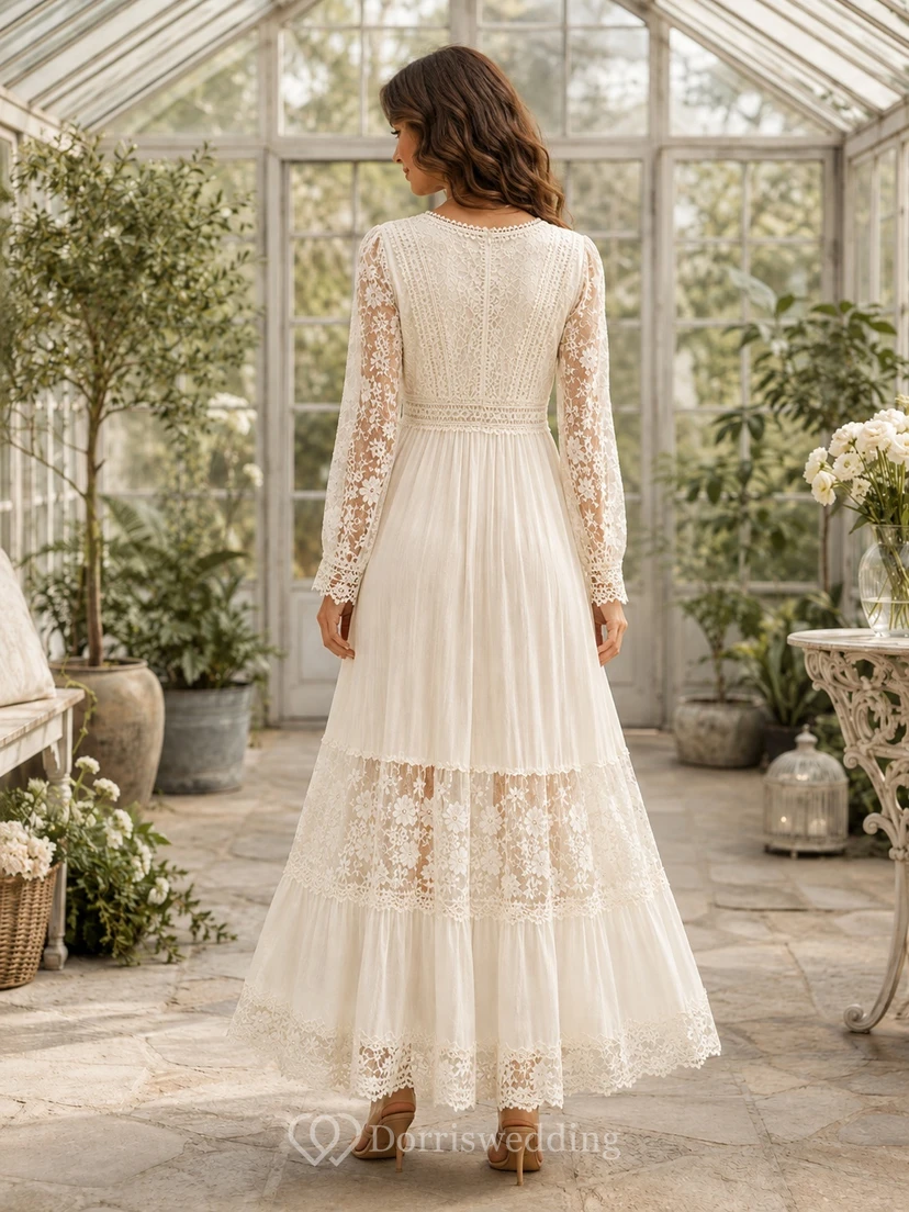 Boho V-Neck Long Sleeve Lace A-Line Ankle-Length Garden Wedding Dress view 2