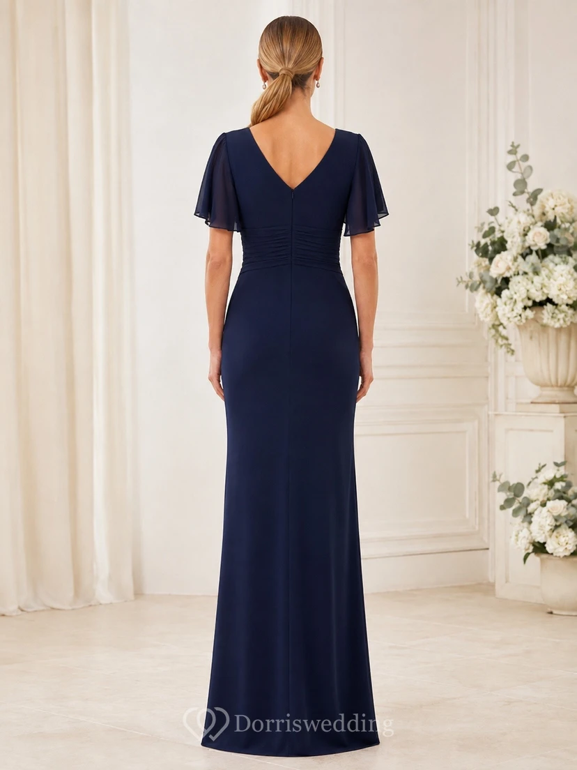 Ink Navy V-Neck Short Sleeve Jersey Sheath Maid Of Honor Dress view 2