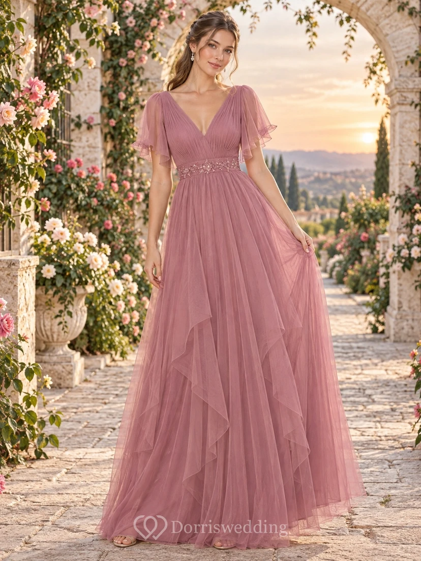 Vestido largo de invitada color rosa empolvado con escote en V, mangas con volantes y caída en cascada.