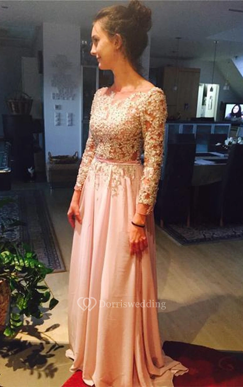 A-line Long-sleeved Chiffon Dress with lace Bodice