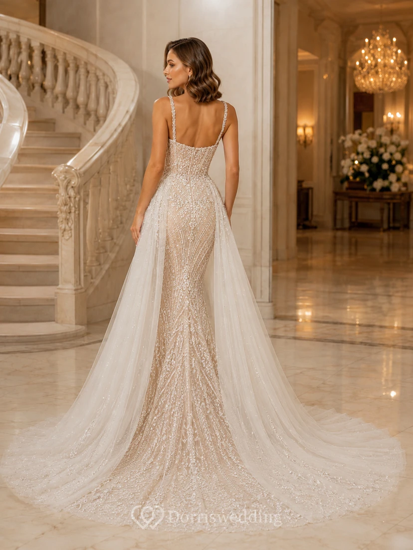 Robe de mariée intemporelle en dentelle et tulle, col carré, bretelles carrées, coupe sirène, sans manches, traîne courte, surjupe amovible, idéale pour une salle de bal. view 2