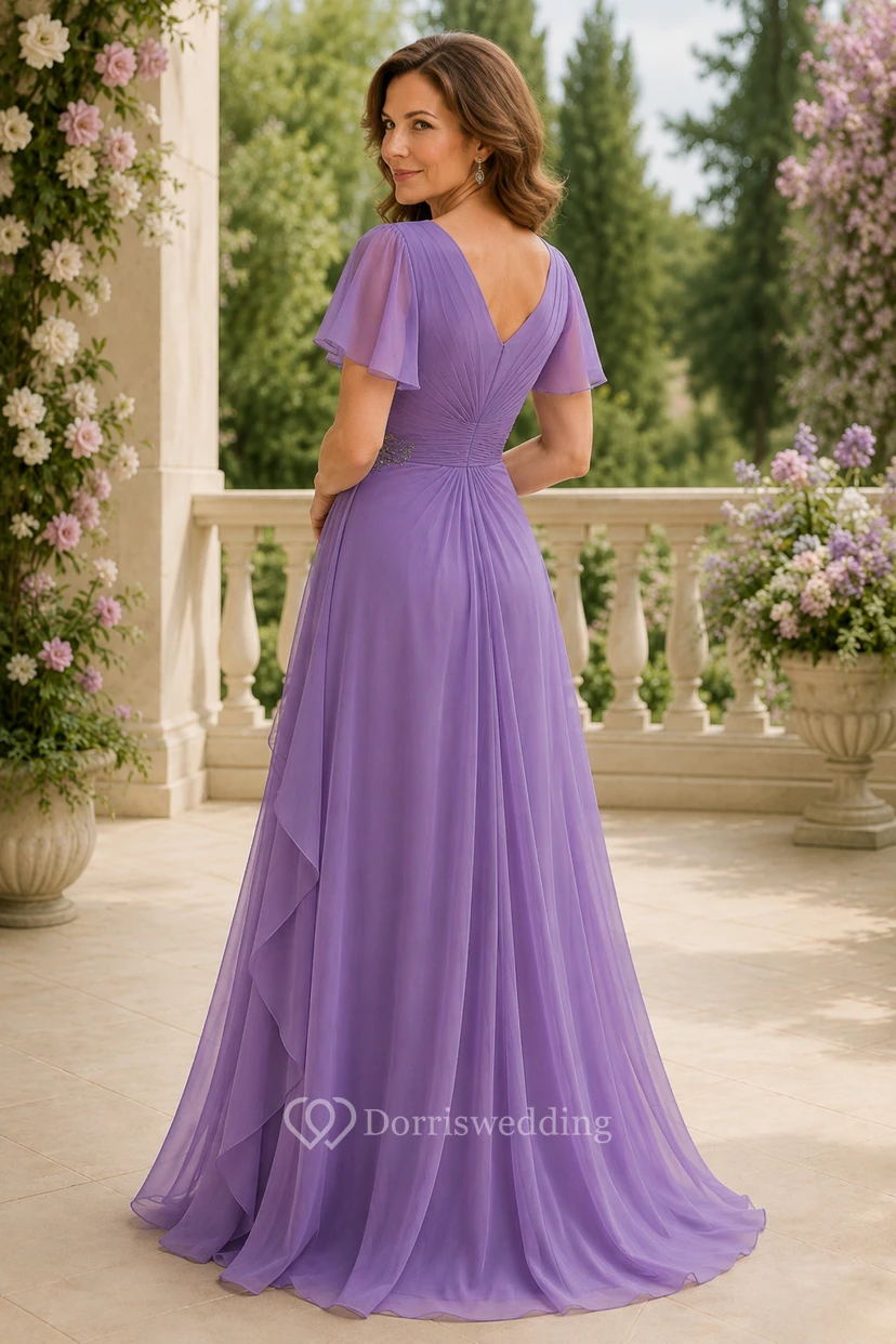 Lila Chiffon-Kleid in A-Linie mit V-Ausschnitt und Volantärmeln view 2