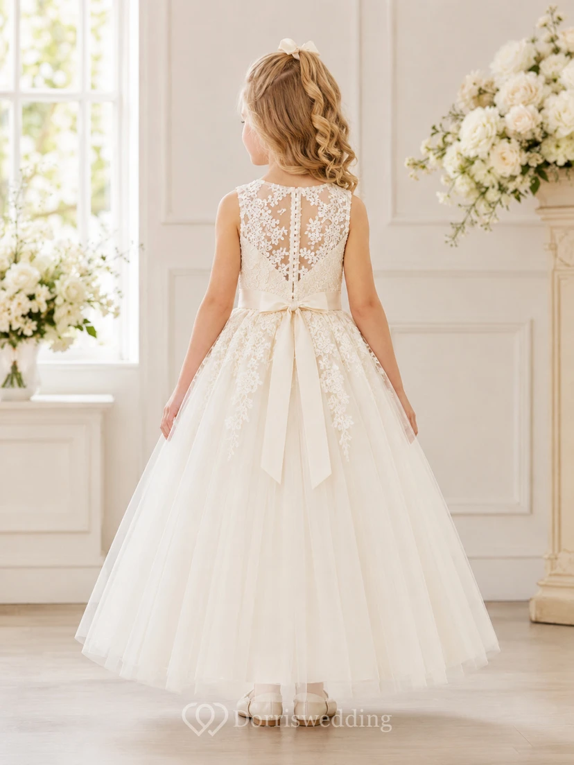 Flower Girl Dress A-Line Cream Custom Size Lace Tulle Bow Formal view 2