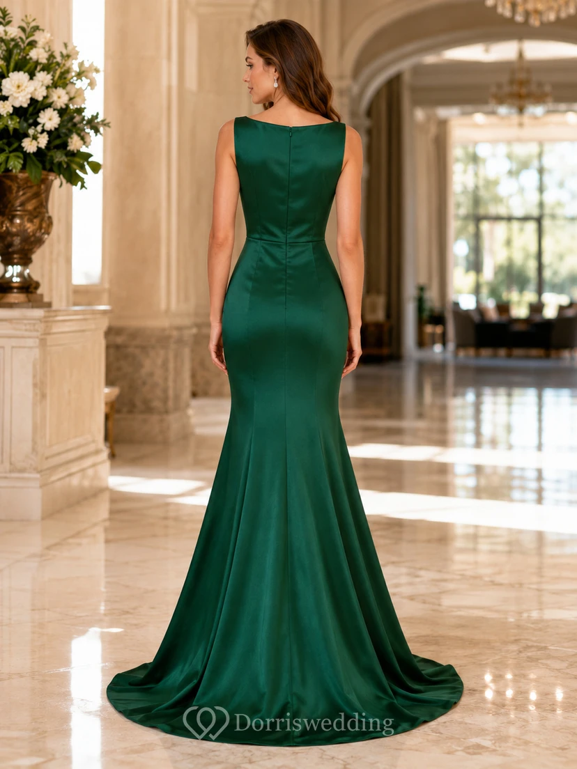 Dark Green Bateau Neck Satin Mermaid Evening Dress view 2