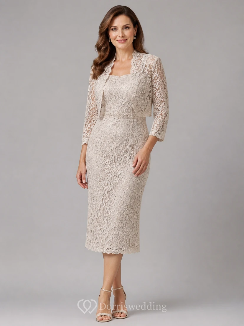 Classic Modest Older Brides Lace Sheath Knee-length Scoop Three-Quarter Sleeve Mother Dress