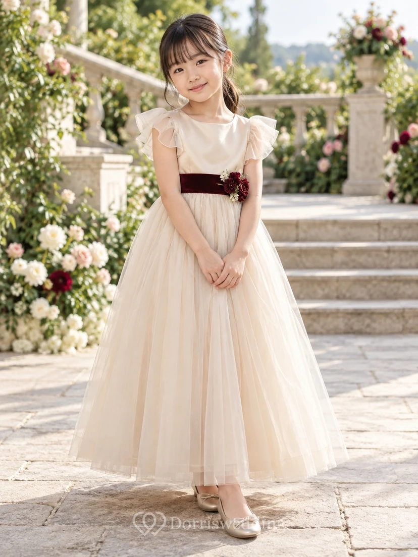 Ivory A-line Tulle Flutter-sleeve Ankle-length Satin-bodice Burgundy-sashed Flower-waist Flower Girl Dress