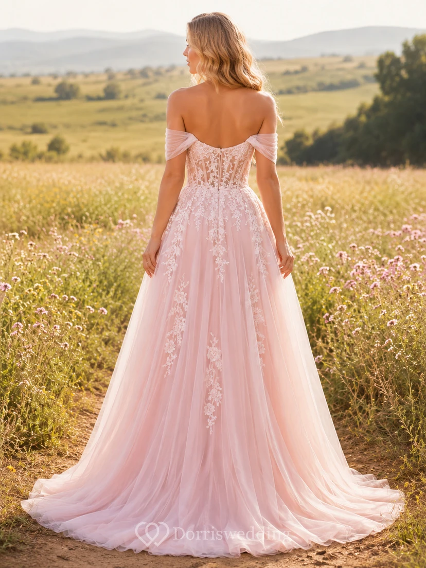 Rosafarbenes, schulterfreies Brautkleid im Boho-Stil mit Blumenmuster aus Tüll view 2