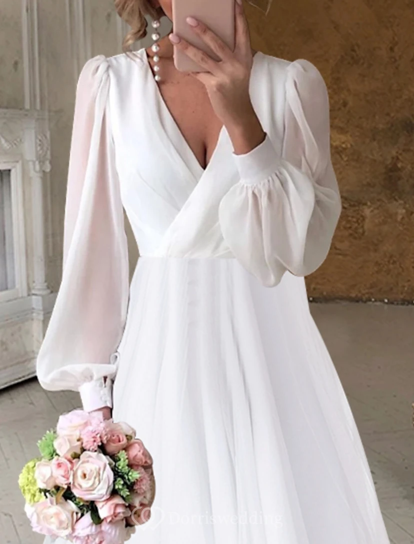 High-Low Tulle Wedding Dress with Bishop Sleeves view 3