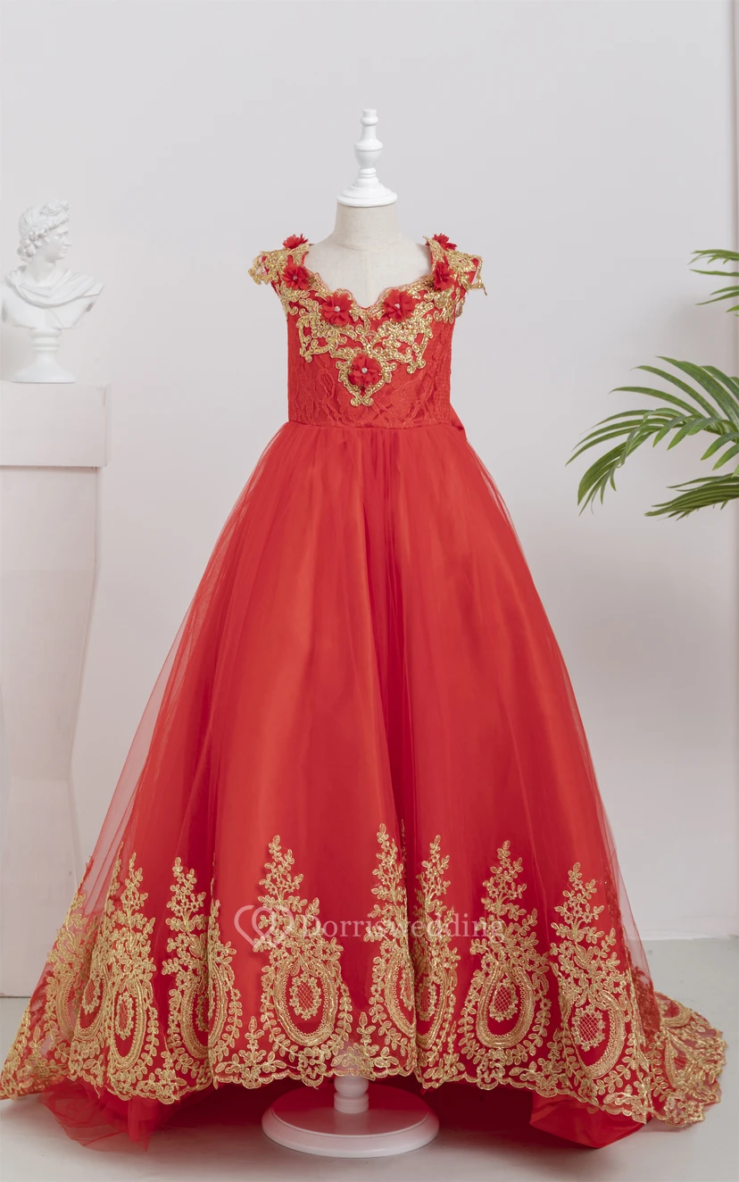 Cap Red Ball Gown Applique Flowergirl Dress with Pop up Petal