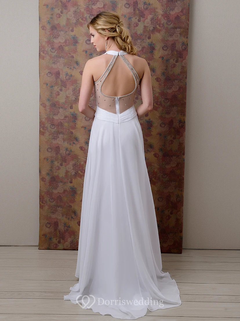 Chiffon A-Line Halter Wedding Dress With Ruching And Crystal Detailing view 2