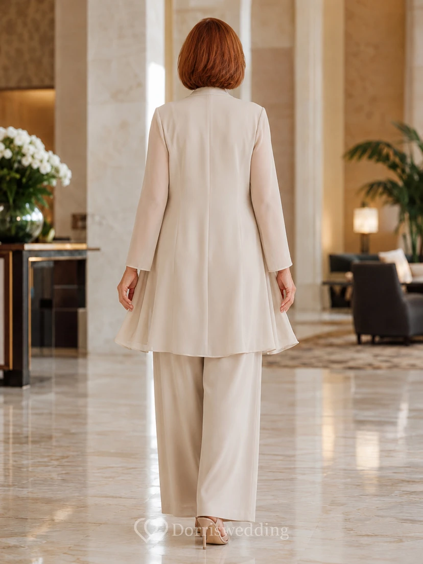 Mother Champagne Chiffon Jumpsuit with V-Neck Long Jacket and Relaxed Wide Leg Pants view 2