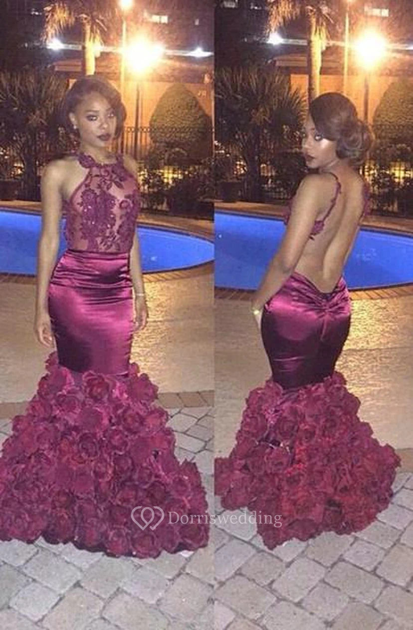Gorgeous Halter Taffeta Evening Dress Mermaid Flowers on Sale