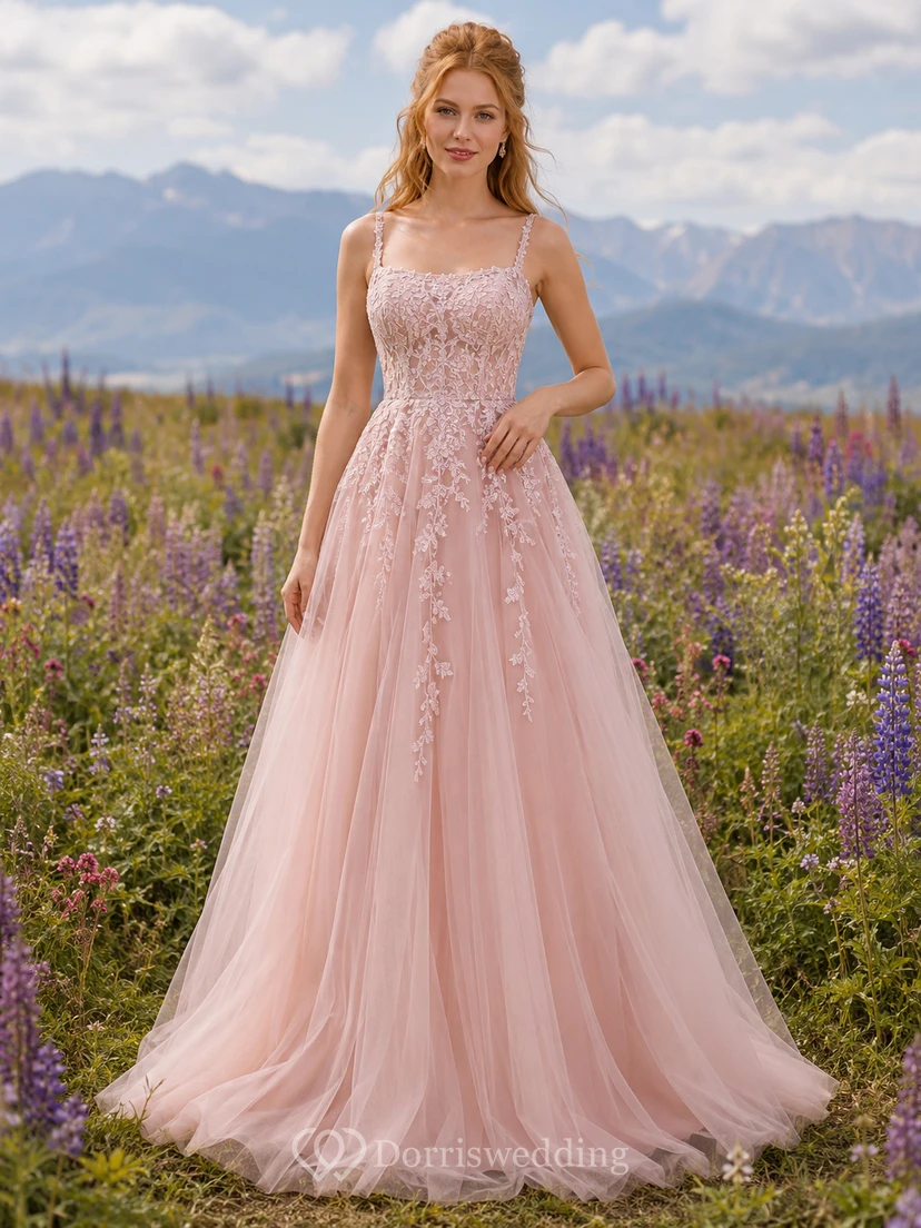 Blush Bohemian Spaghetti Strap Lace Tulle Meadow Bridal Gown