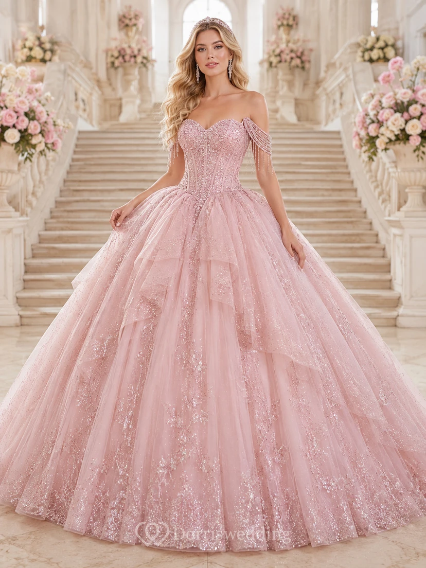 Robe de bal de princesse rose poudré luxueuse à épaules dénudées, franges de cristaux et paillettes pour quinceañera