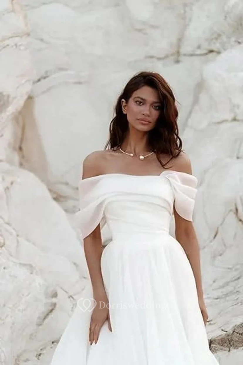 Off-Shoulder Ball Gown Wedding Dress with Draped Bodice view 3