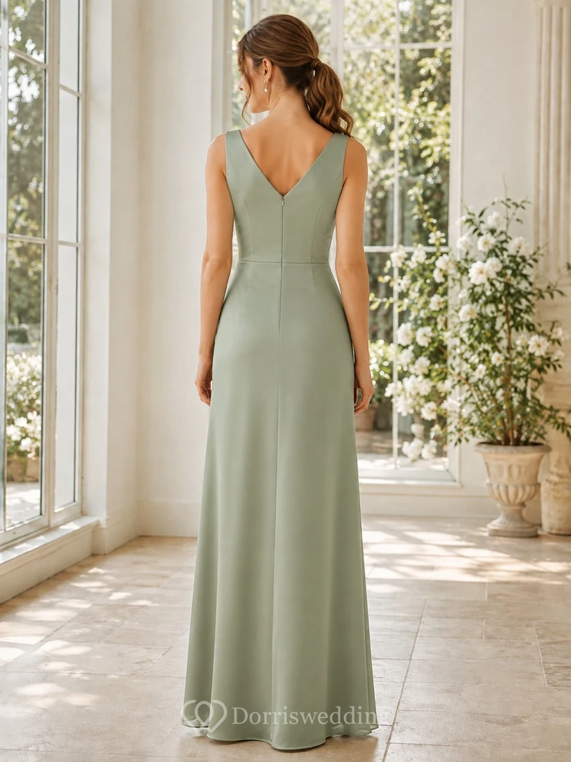 Elegant Sage V-Neck Sleeveless Satin Sheath Floor-Length Ruched Formal Guest Dress view 2