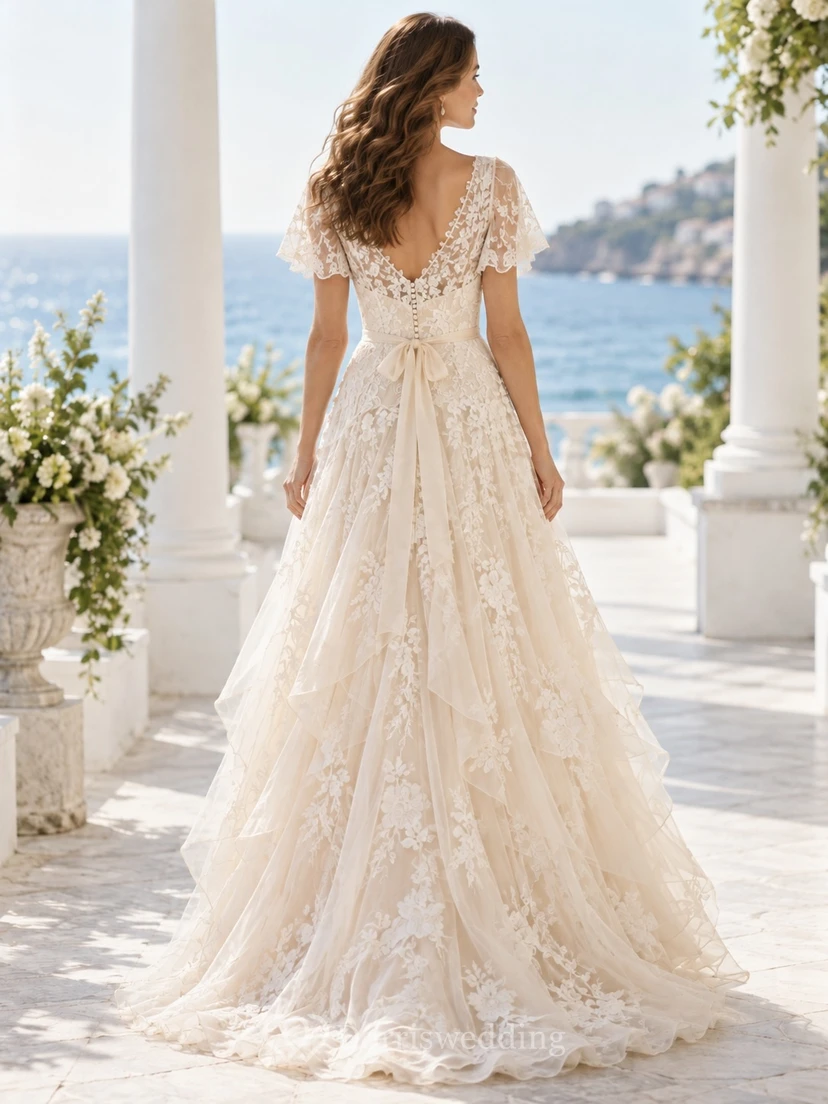 Vestido de novia de encaje floral con capas, mangas cortas y escote ilusión, con cintura baja. view 2