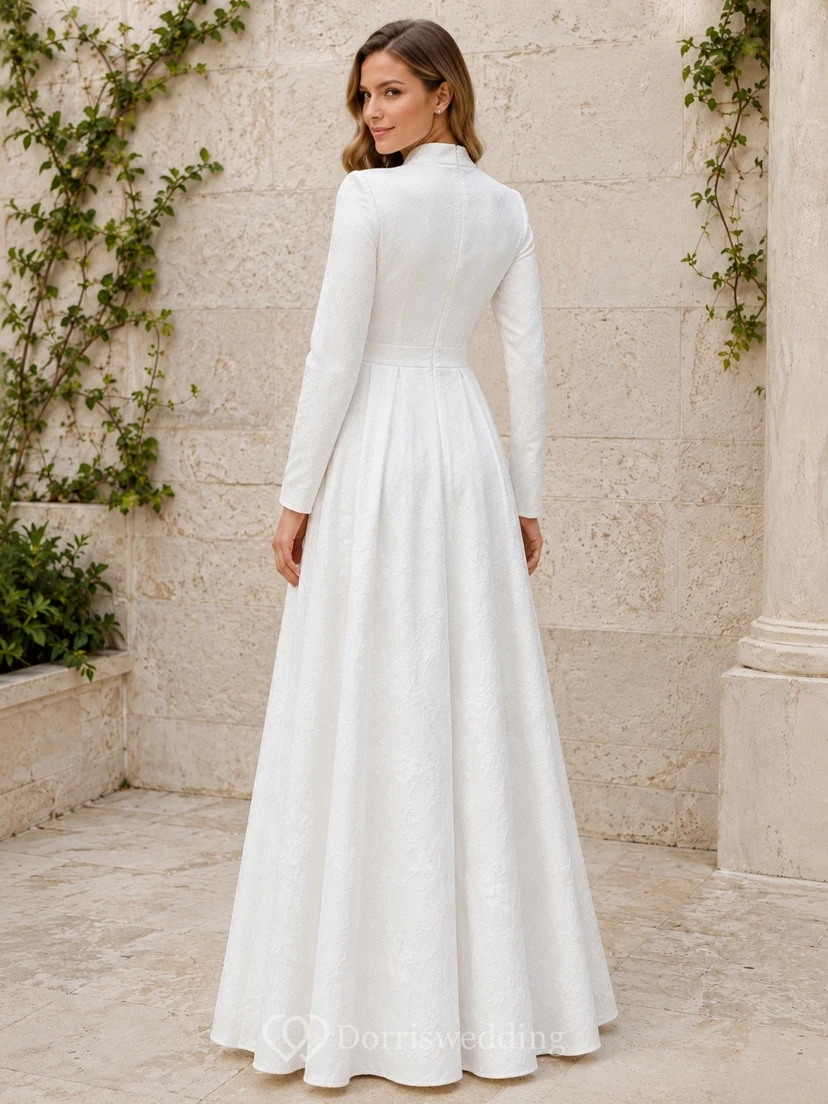 White Lace Tulle High Neck Long Sleeve Floor-Length Modest A-Line Dress view 2