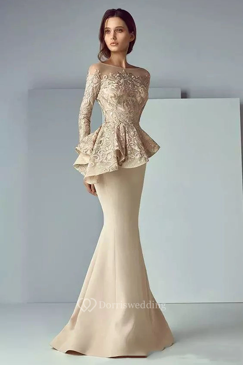 Robes de soirée champagne pour mariages | Robe péplum à manches pour la mère de la mariée