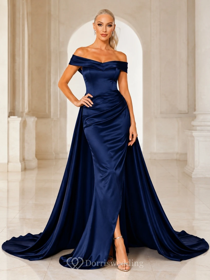 Vestido de novia de satén sin mangas con escote Bardot y cola larga estilo sirena