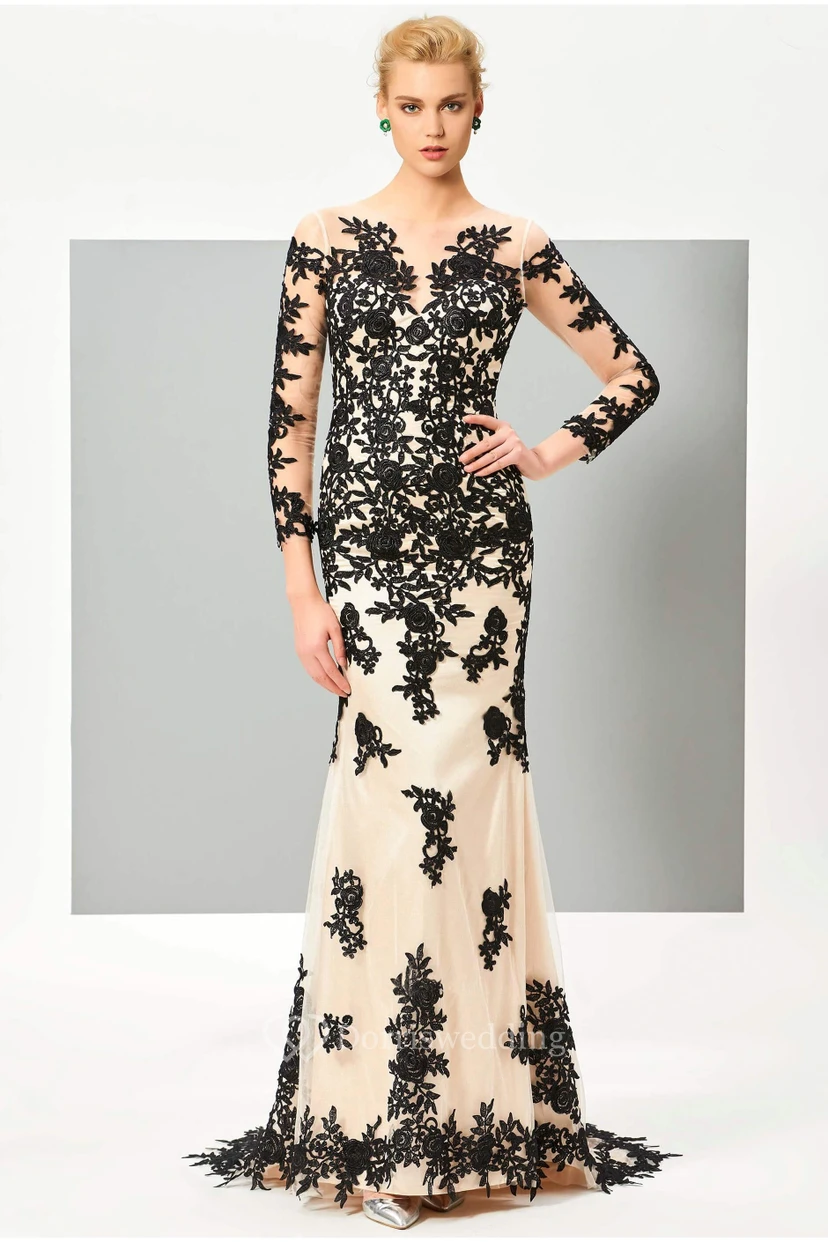Floral Appliqued 3/4 Sleeve Illusion Two Tune Mermaid Gown With Button Back