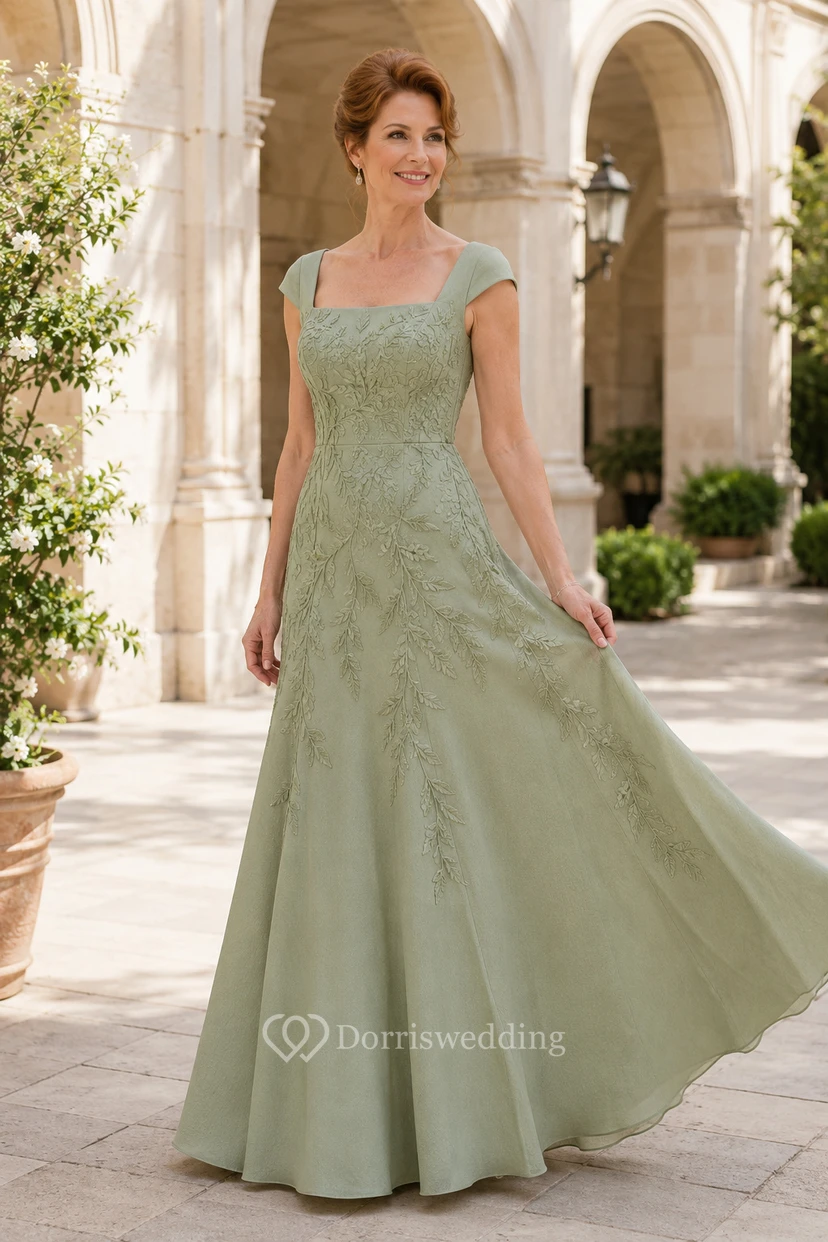 Salbeigrünes Tüll-Kleid in A-Linie mit kurzen Ärmeln