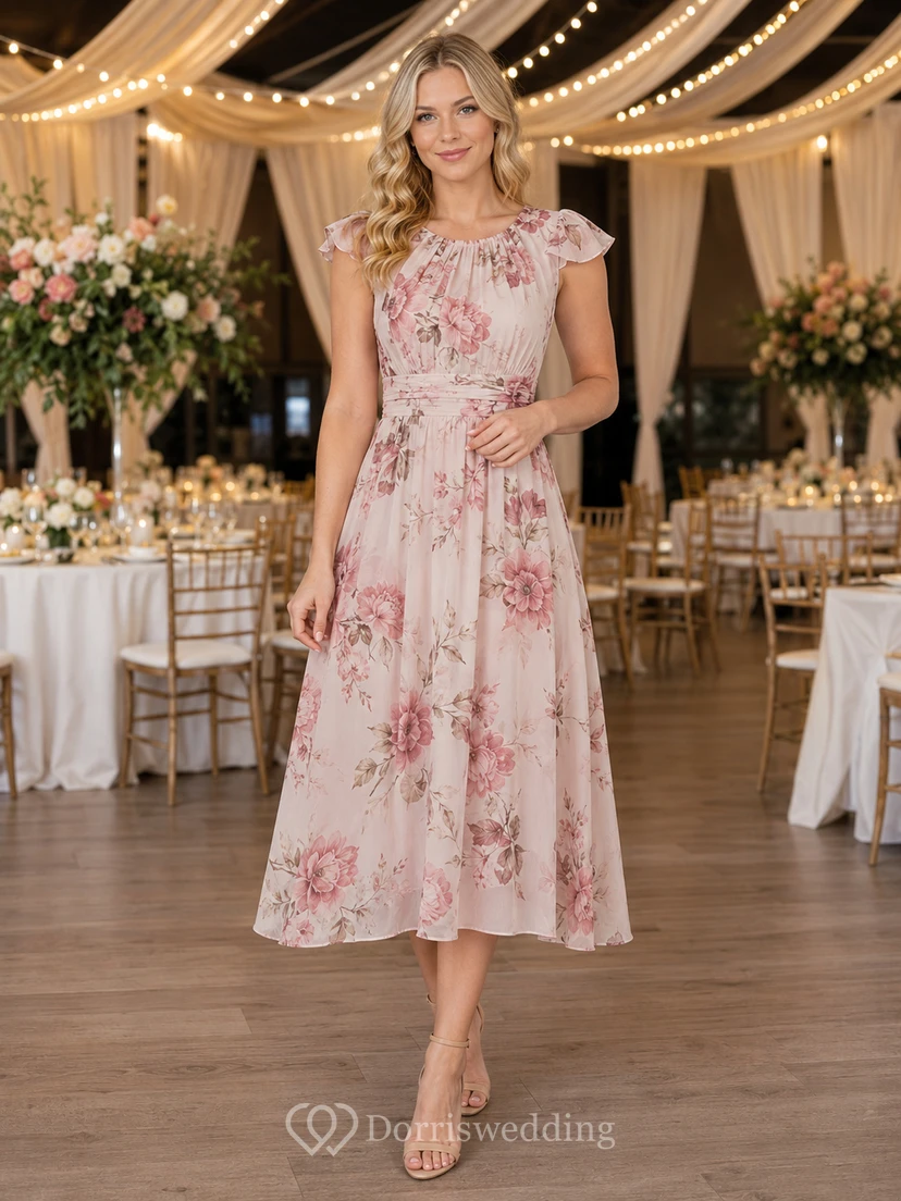 Pink Floral Cap Sleeve A Line School Fundraiser Midi Dress