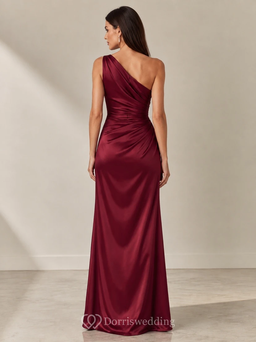 Burgundy Satin One-Shoulder Sleeveless Sheath Tea-length Split Dress view 2