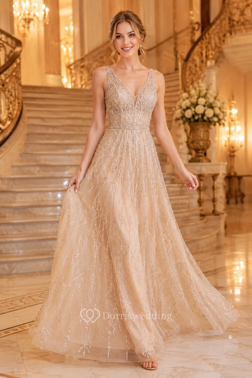 Champagnerfarbenes, perlenbesetztes A-Linien-Abendkleid mit V-Ausschnitt und Tüllrock