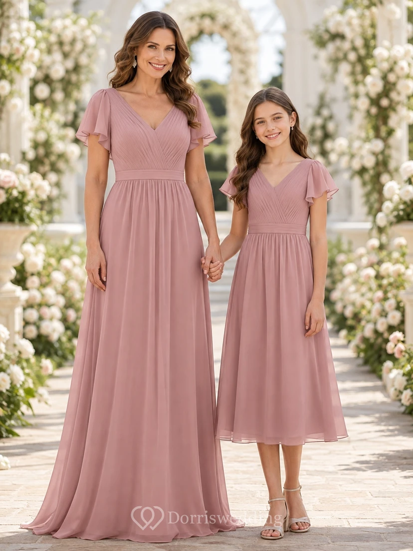 Elegantes Brautjungfernkleid in Altrosa, A-Linie, V-Ausschnitt, kurze Ärmel