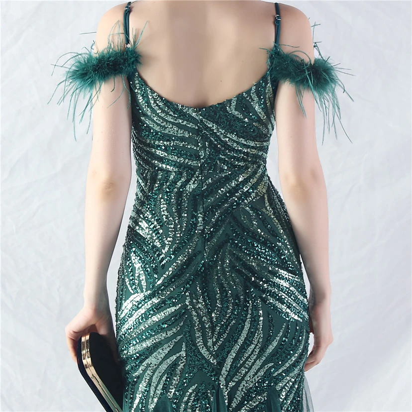 Crafted Ostrich Feather Stacked Sequins Splicing Mesh Gauze High-End Evening Dress Clothes view 27
