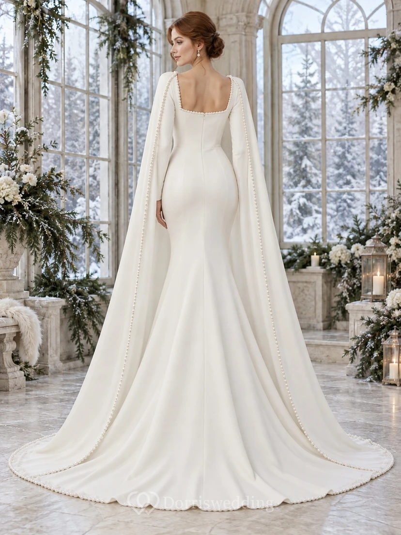Vestido de novia de invierno estilo sirena con cuello cuadrado, manga larga y capa de crepé con borde de perlas. view 2