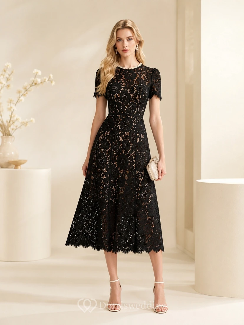 Schwarzes, elegantes Vintage-Cocktailkleid mit kurzen Ärmeln, A-Linie und Spitzenkappen, Teelänge