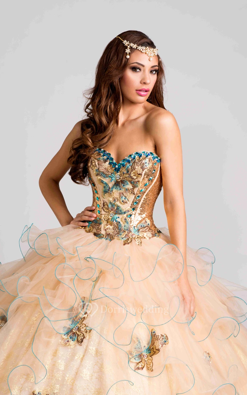 Ballkleid aus Spitze und Organza mit Rüschen und Perlenblumen view 3