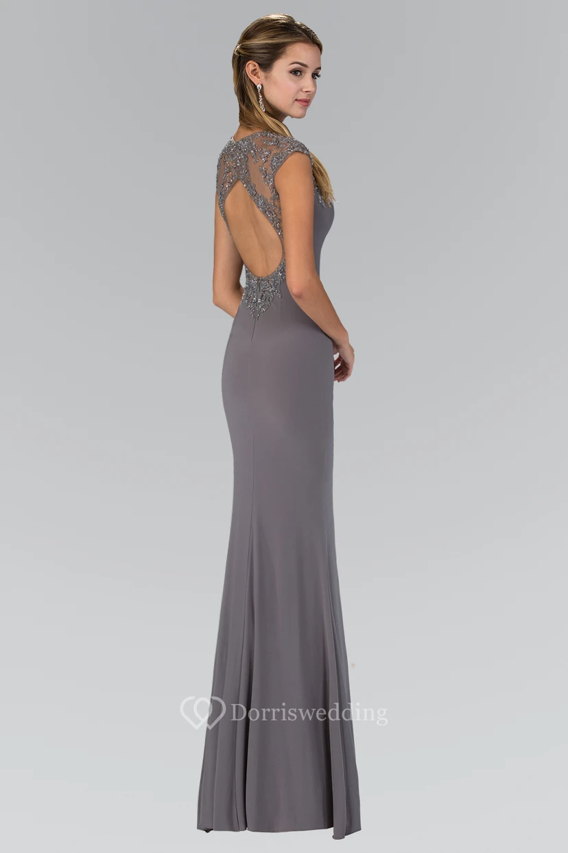 Sheath Jewel-Neck Cap-Sleeve Jersey Keyhole Dress With Beading view 2