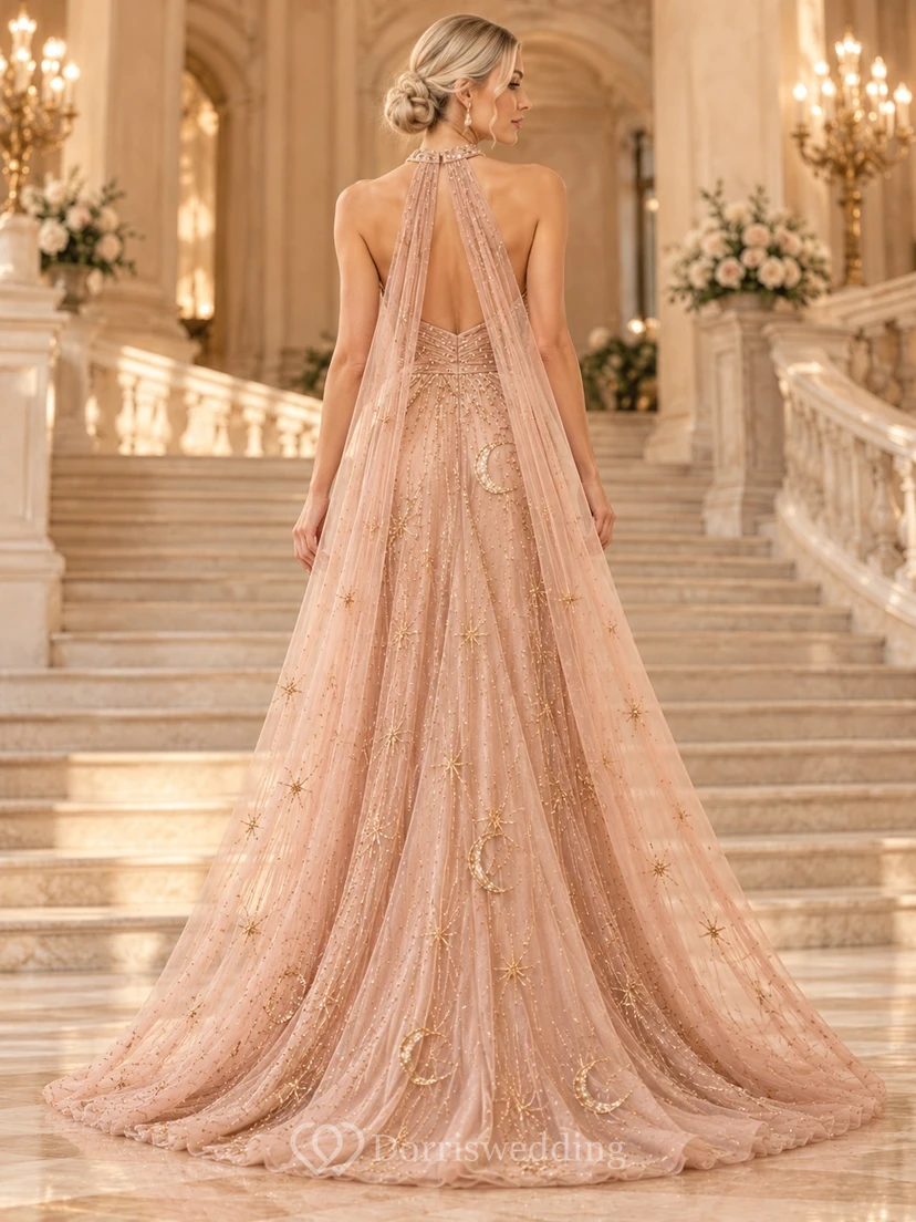Blush Celestial Halter Beaded Cape Back Flowing Evening Gown view 2