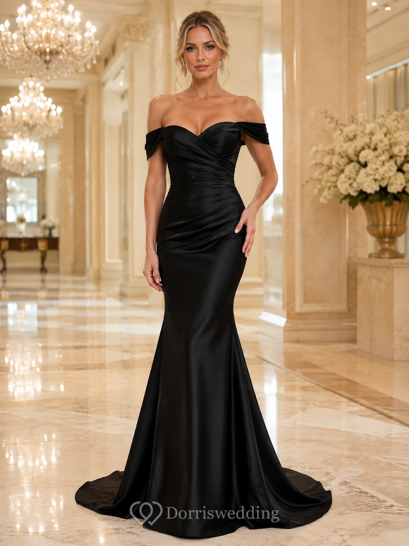 Schwarzes schulterfreies, gerafftes Meerjungfrauen-Abendkleid