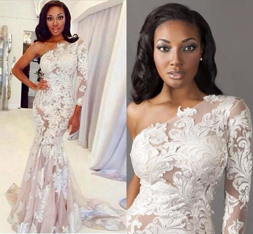 Sexy One-shoulder Mermaid Evening Dress Lace Appliques Sweep Train view 2