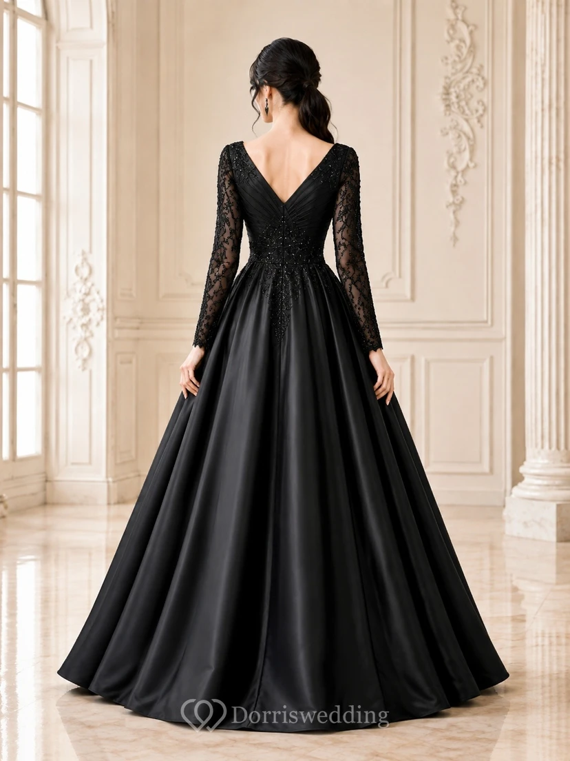 Long Sleeve V Neck Black Satin Ball Gown Evening Dress view 2