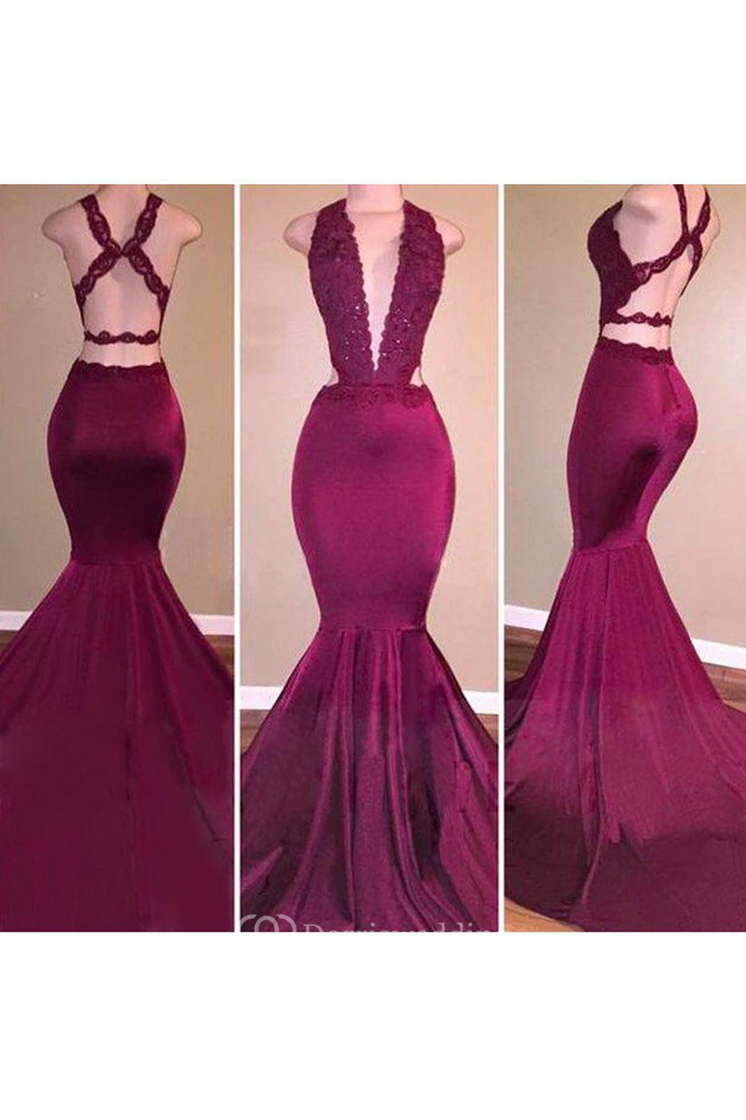 Mermaid Trumpet Satin Lace Halter Sleeveless Open Back Straps Dress