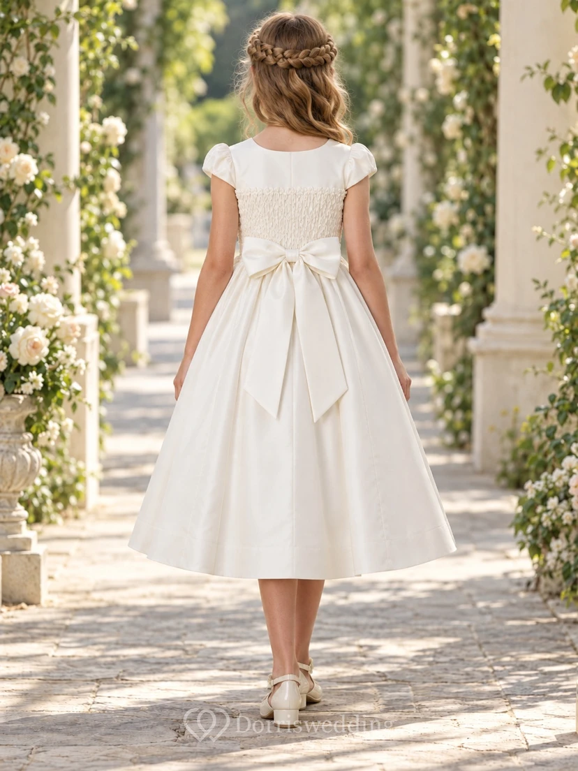 Tea-length Country Ivory A-line Smocked Cap-sleeve Gathered Bow-back Flower Girl Dress view 2