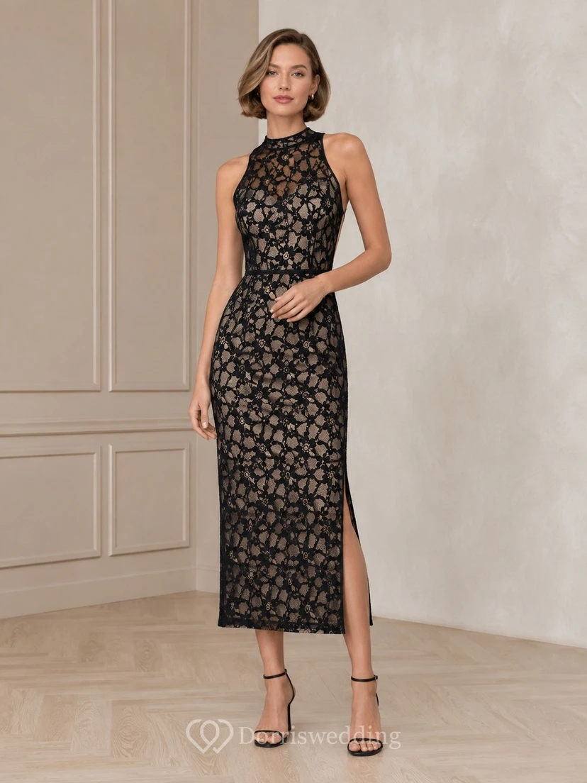 Elegant Black High Neck Sleeveless Lace Sheath Tea-length Dress