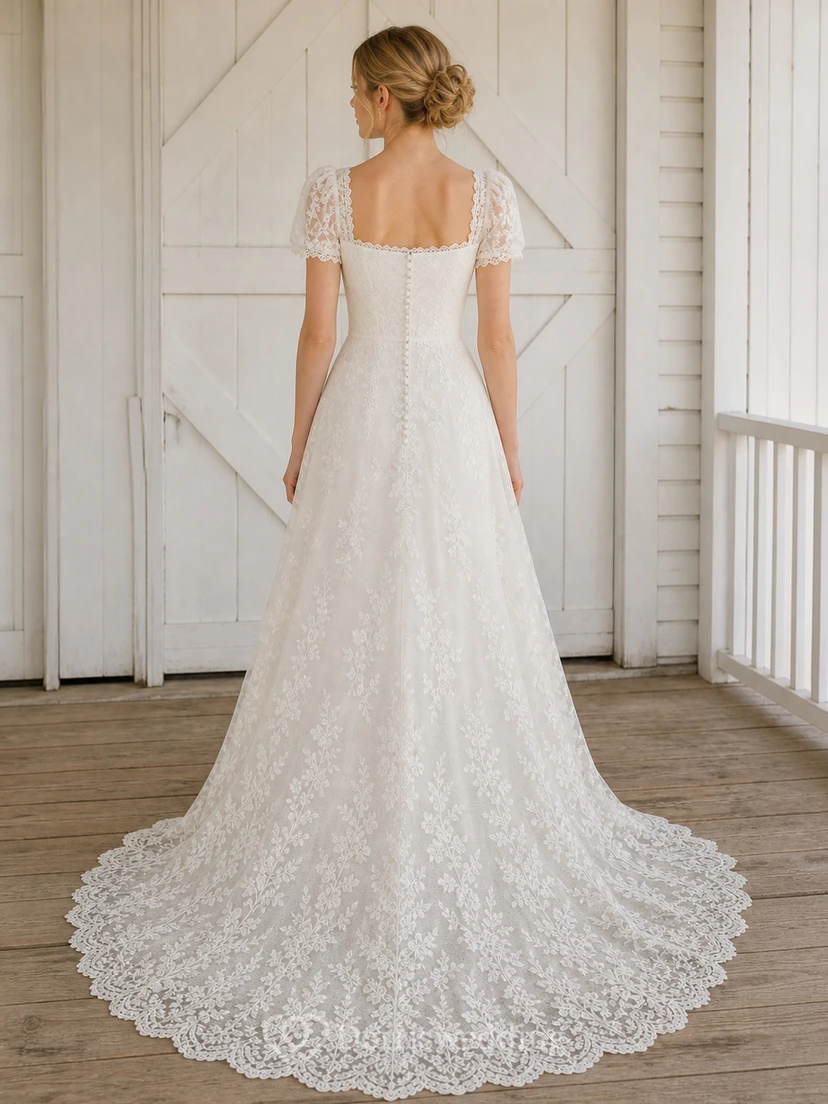 Vestido de novia modesto de manga corta, corte A, escote cuadrado, encaje floral y cola capilla view 2